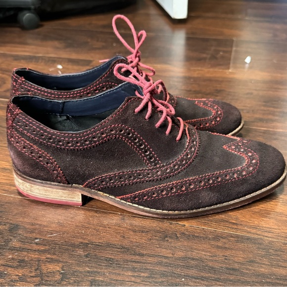 Cole Haan Dark Brown Suede Wingtip Shoe Pink Stitching Size 7.5 - Picture 8 of 9